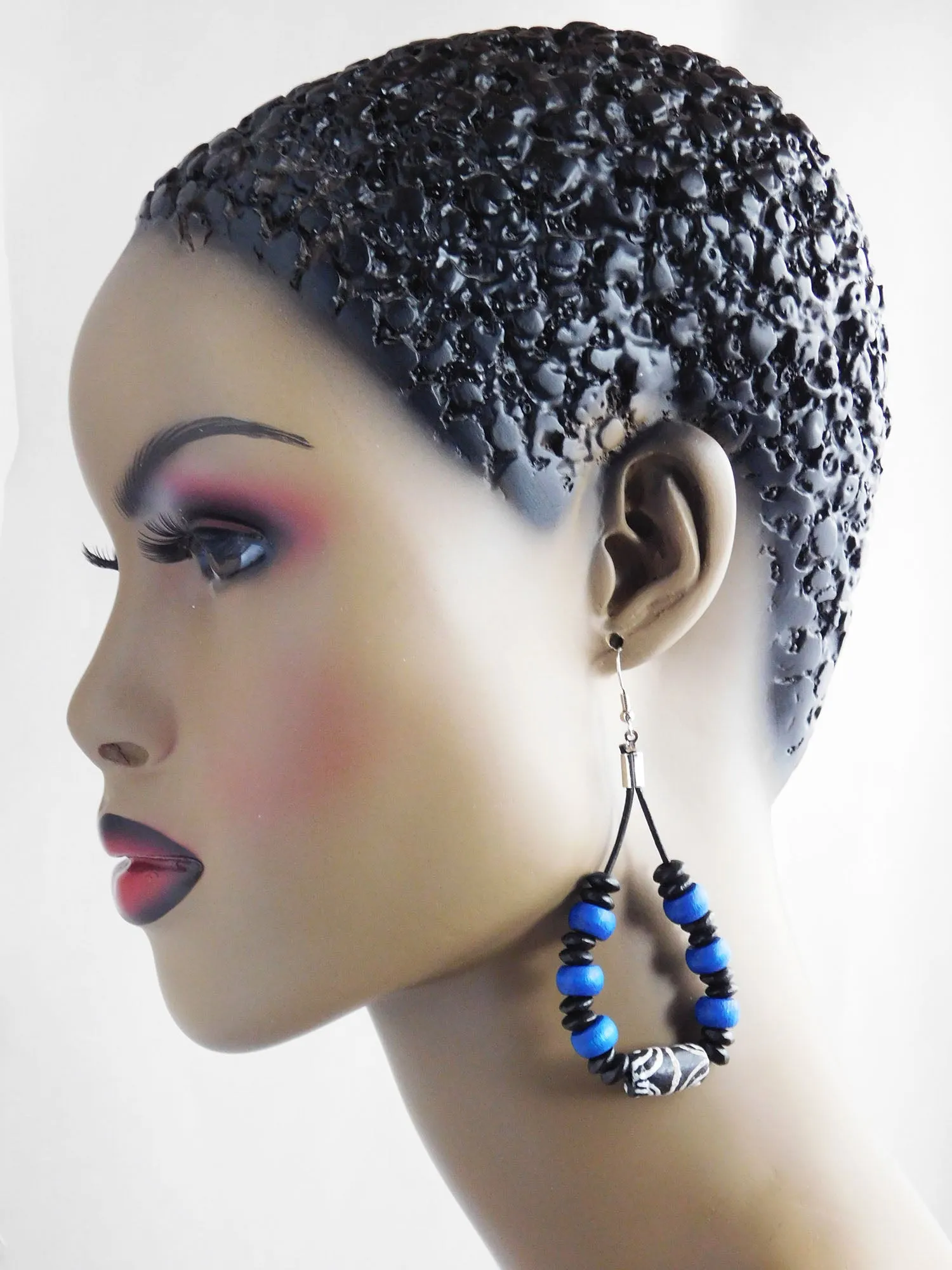Leather Earrings African Beaded Blue Black Jewelry