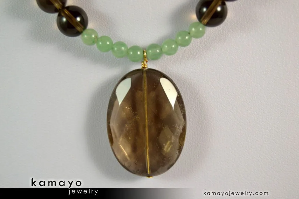 LIBRA NECKLACE - Smoky Quartz Pendant and Green Aventurine Beads