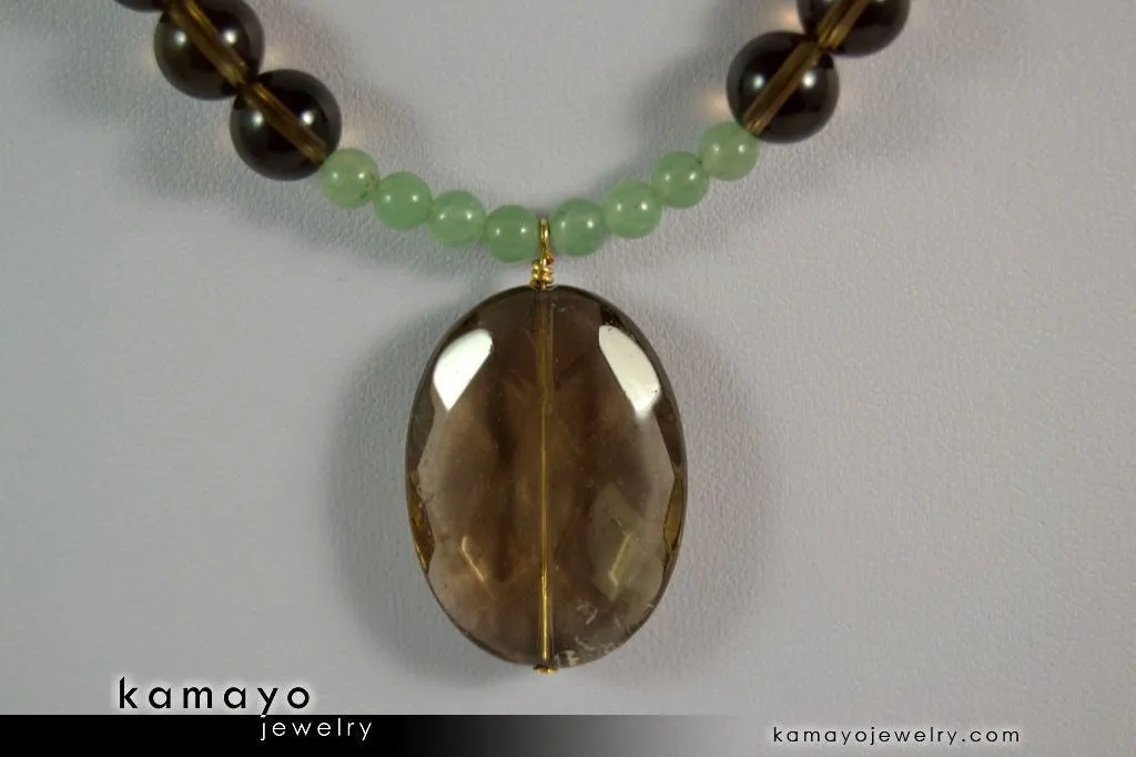 LIBRA NECKLACE - Smoky Quartz Pendant and Green Aventurine Beads