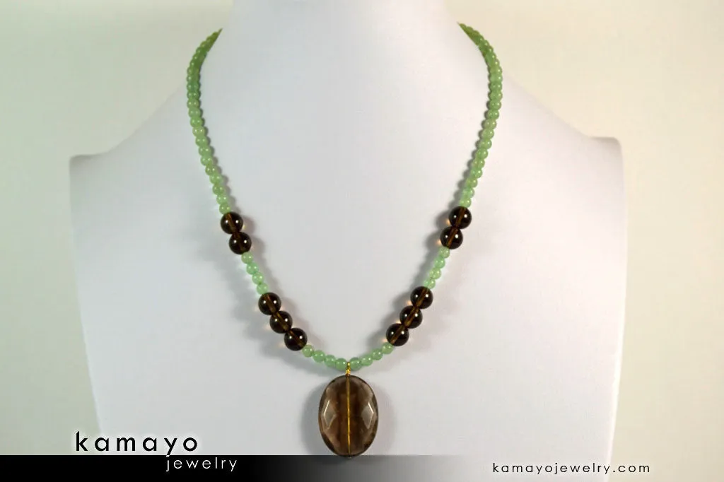 LIBRA NECKLACE - Smoky Quartz Pendant and Green Aventurine Beads