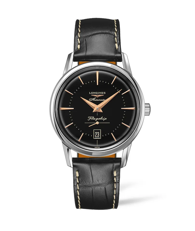 Longines Flagship Heritage Collection 38mm Automatic Black Dial Gent's Watch with Alligator Strap