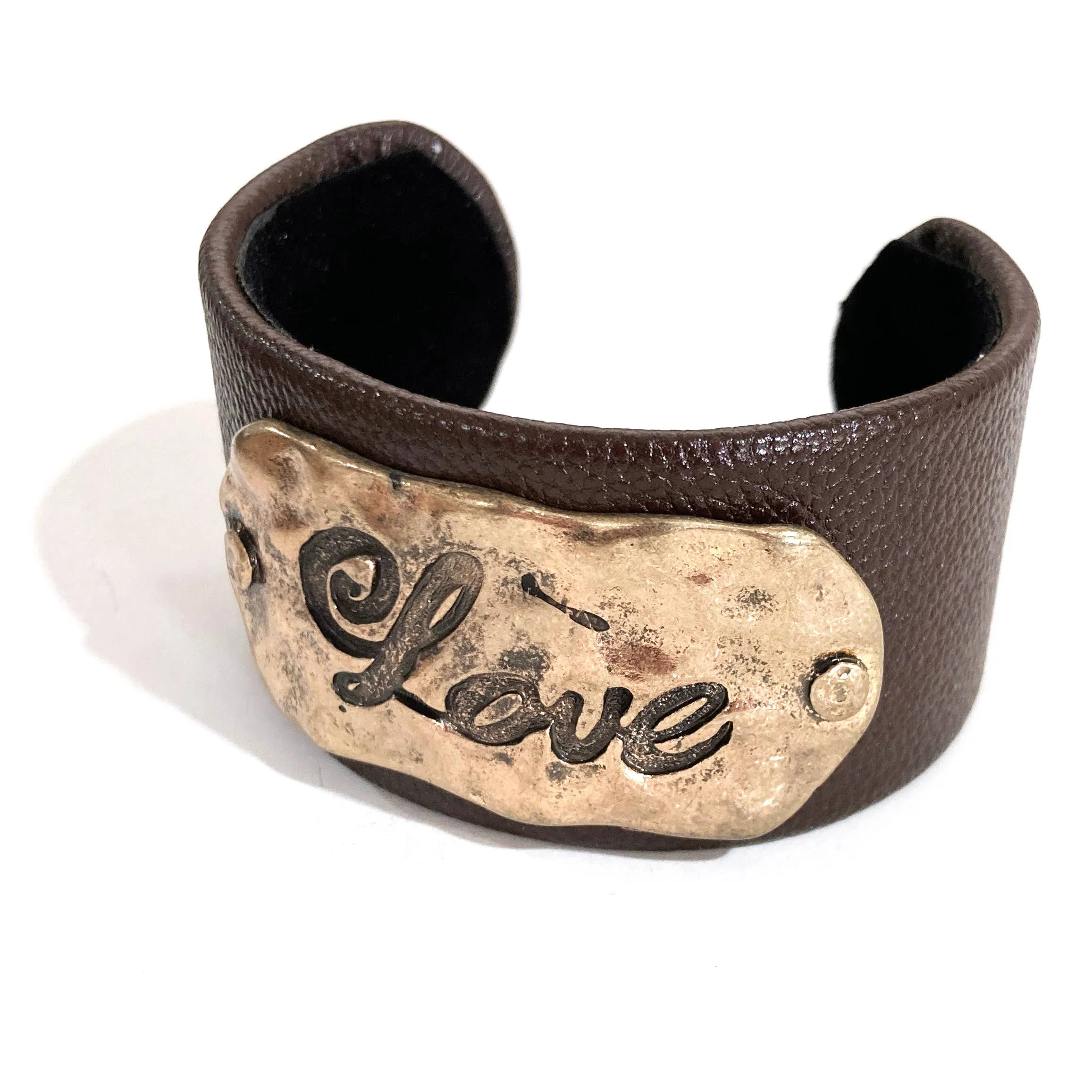 Love Engraved Leather Cuff Bracelet: Black