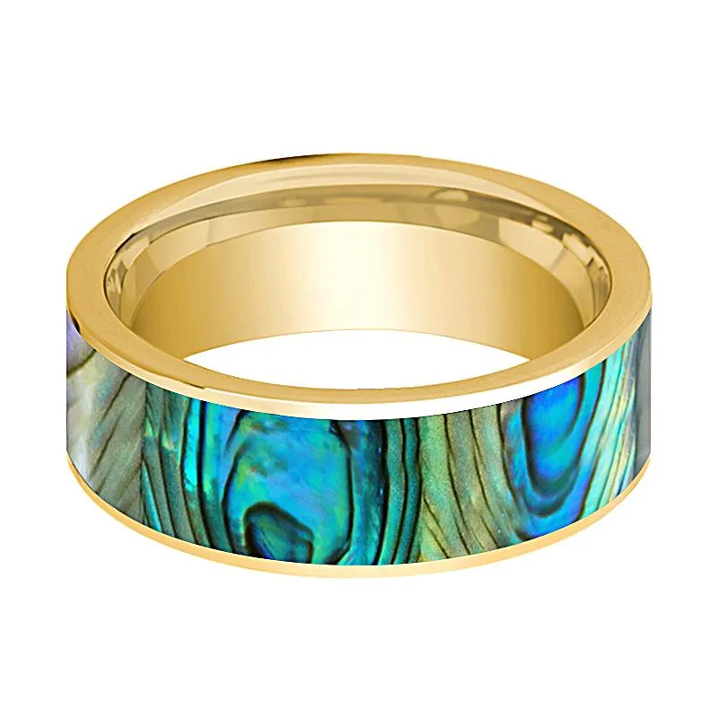 Men's 14k Yellow Gold Flat Wedding Band with Mother of Peral Inlay Polished Finish
