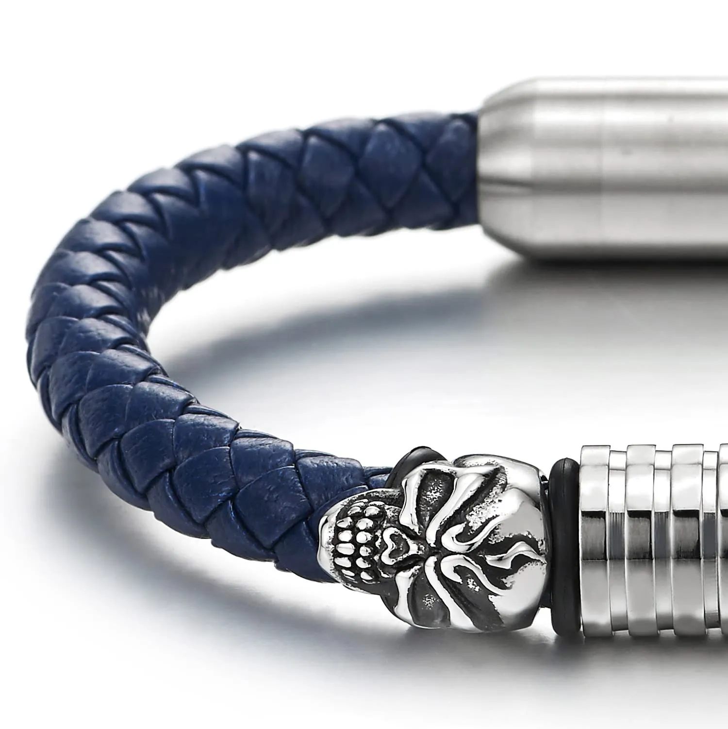 Mens Steel Skull Blue Leather Bracelet Genuine Leather Wristband Bangle with Steel Magnetic Clasp