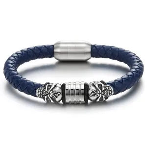 Mens Steel Skull Blue Leather Bracelet Genuine Leather Wristband Bangle with Steel Magnetic Clasp