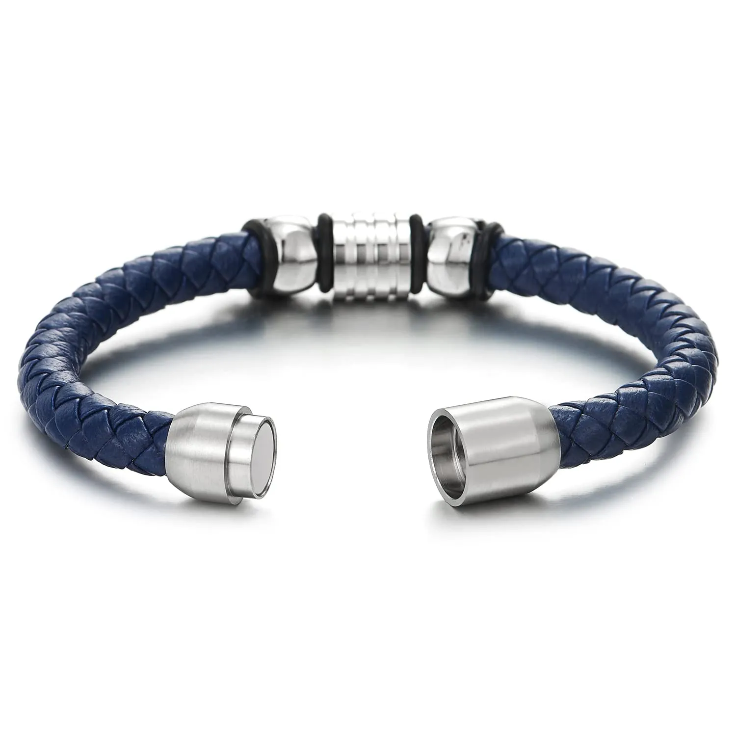 Mens Steel Skull Blue Leather Bracelet Genuine Leather Wristband Bangle with Steel Magnetic Clasp