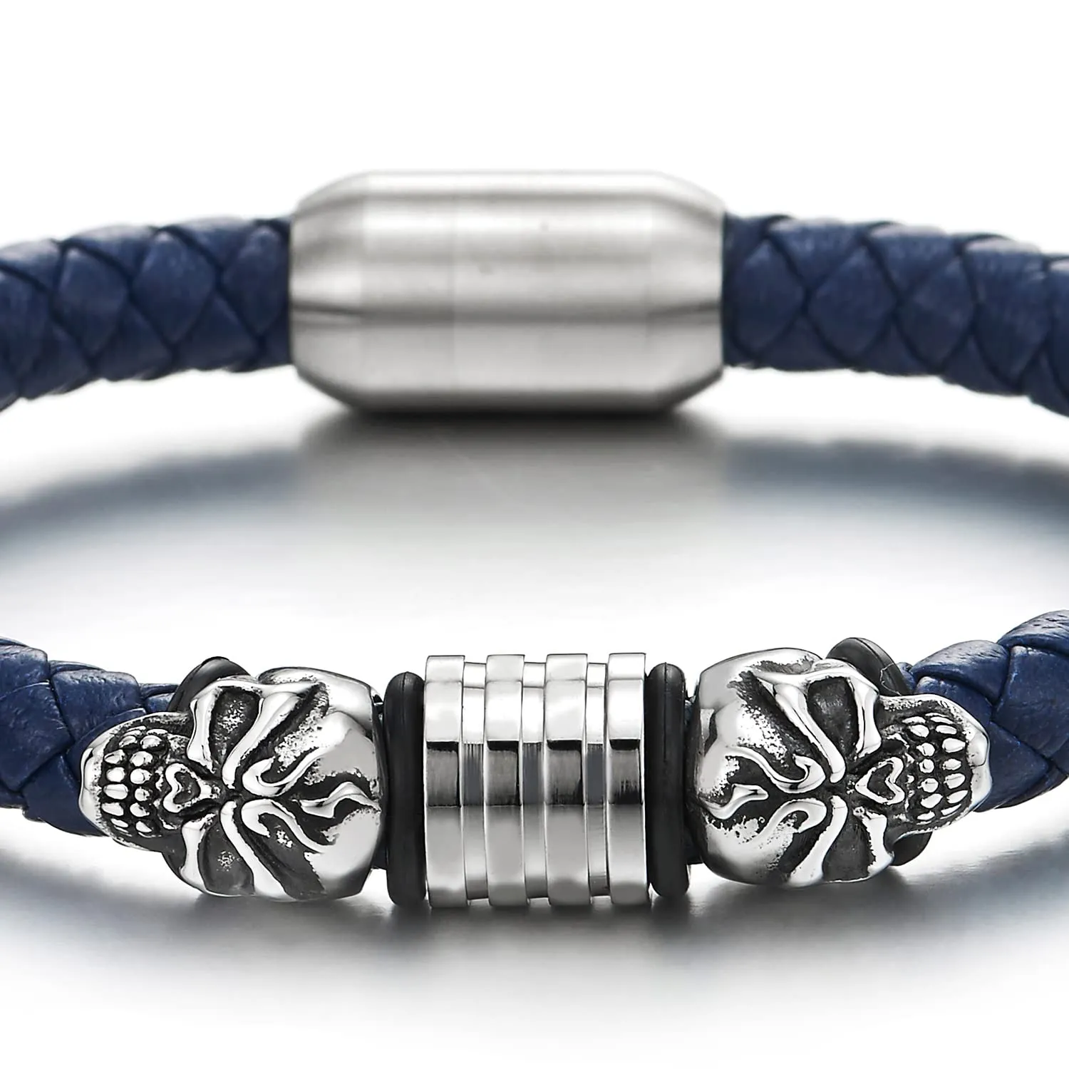 Mens Steel Skull Blue Leather Bracelet Genuine Leather Wristband Bangle with Steel Magnetic Clasp