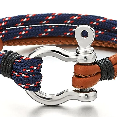 Mens Womens Steel Screw Anchor Shackle Nautical Sailor Brown Rope Leather Wrap Bracelet Wristband
