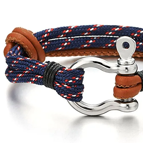 Mens Womens Steel Screw Anchor Shackle Nautical Sailor Brown Rope Leather Wrap Bracelet Wristband