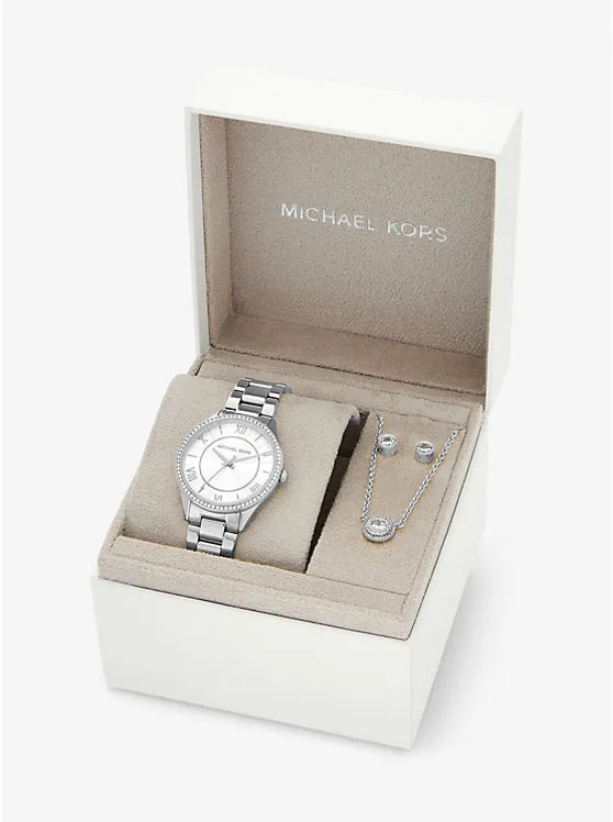 Michael Kors Mini Lauryn Ladies Silver-Tone Watch and Jewelry Gift Set
