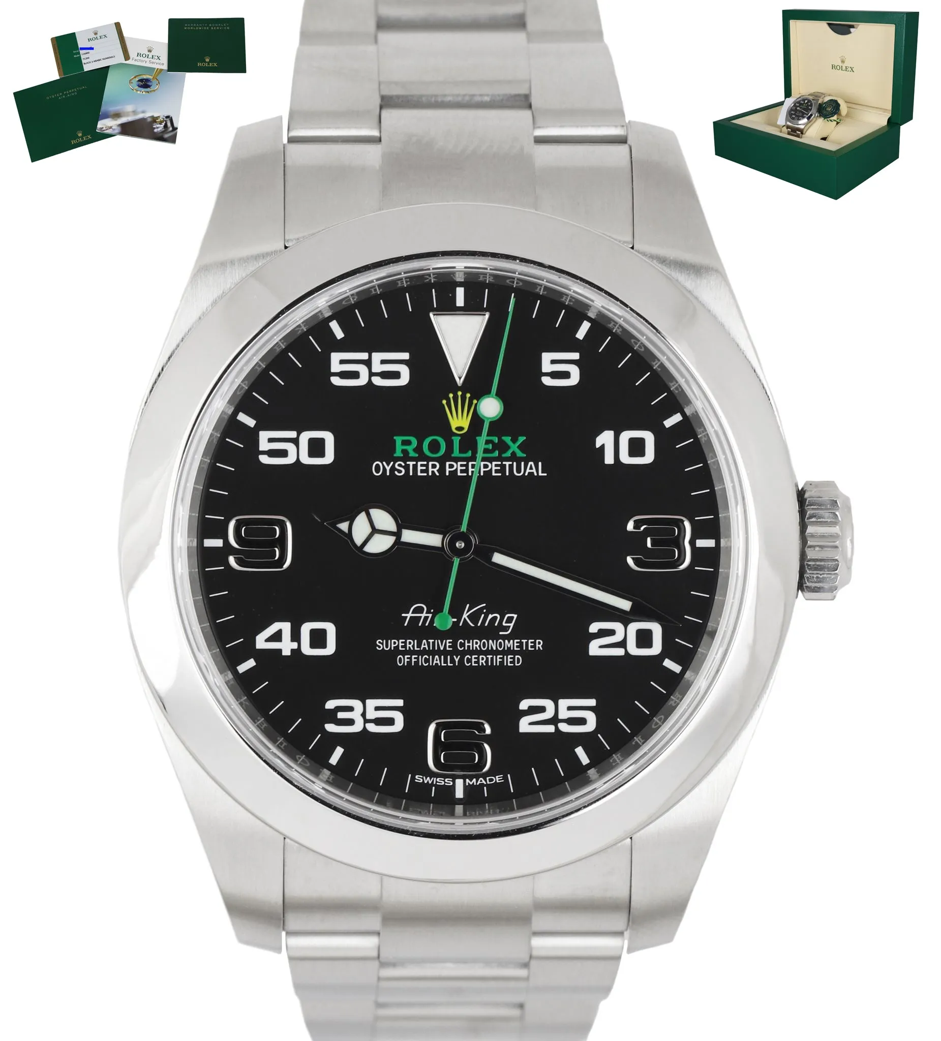 MINT 2016 Rolex Air-King 40mm Green Yellow Black Arabic Stainless Steel 116900