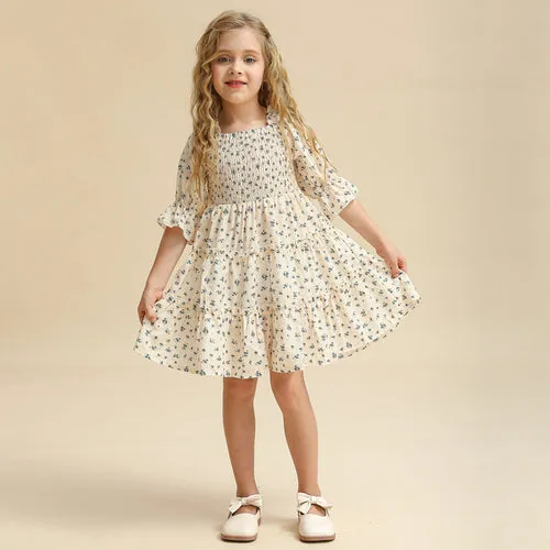 New 2023 Summer Dress for Girls with Floral Print and Puff Sleeves