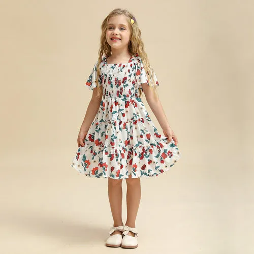 New 2023 Summer Dress for Girls with Floral Print and Puff Sleeves