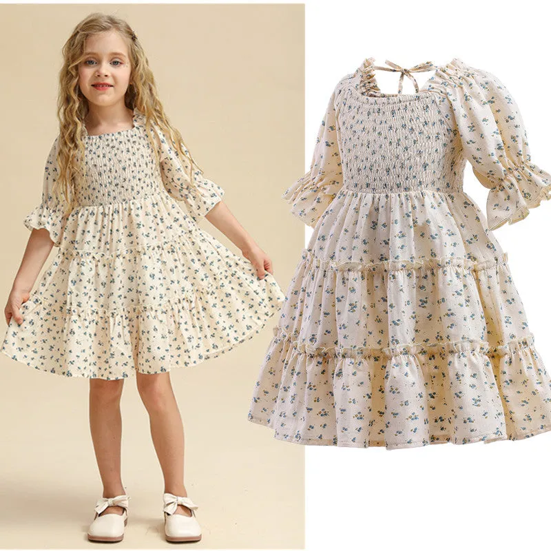 New 2023 Summer Dress for Girls with Floral Print and Puff Sleeves