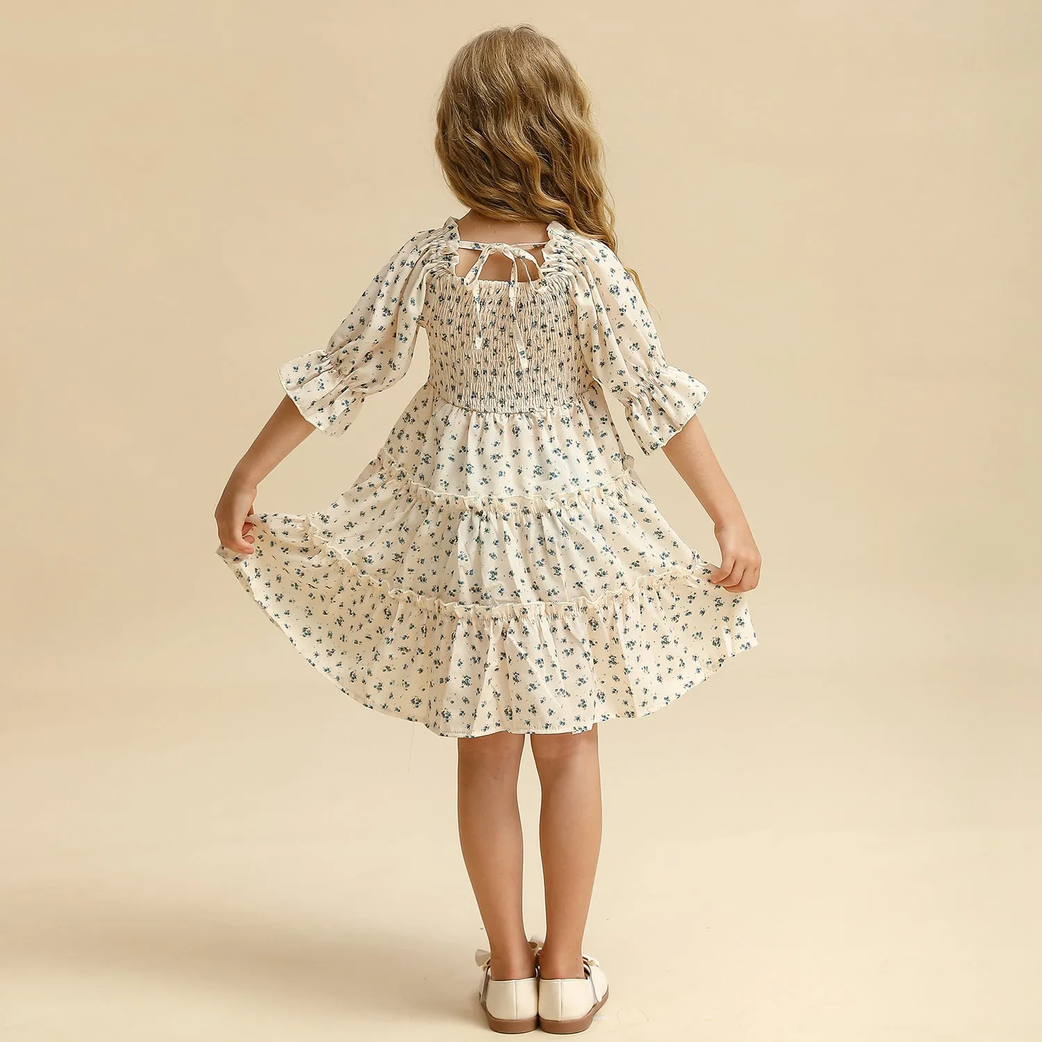 New 2023 Summer Dress for Girls with Floral Print and Puff Sleeves