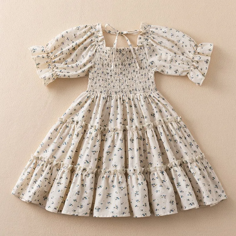 New 2023 Summer Dress for Girls with Floral Print and Puff Sleeves