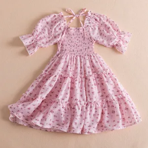 New 2023 Summer Dress for Girls with Floral Print and Puff Sleeves