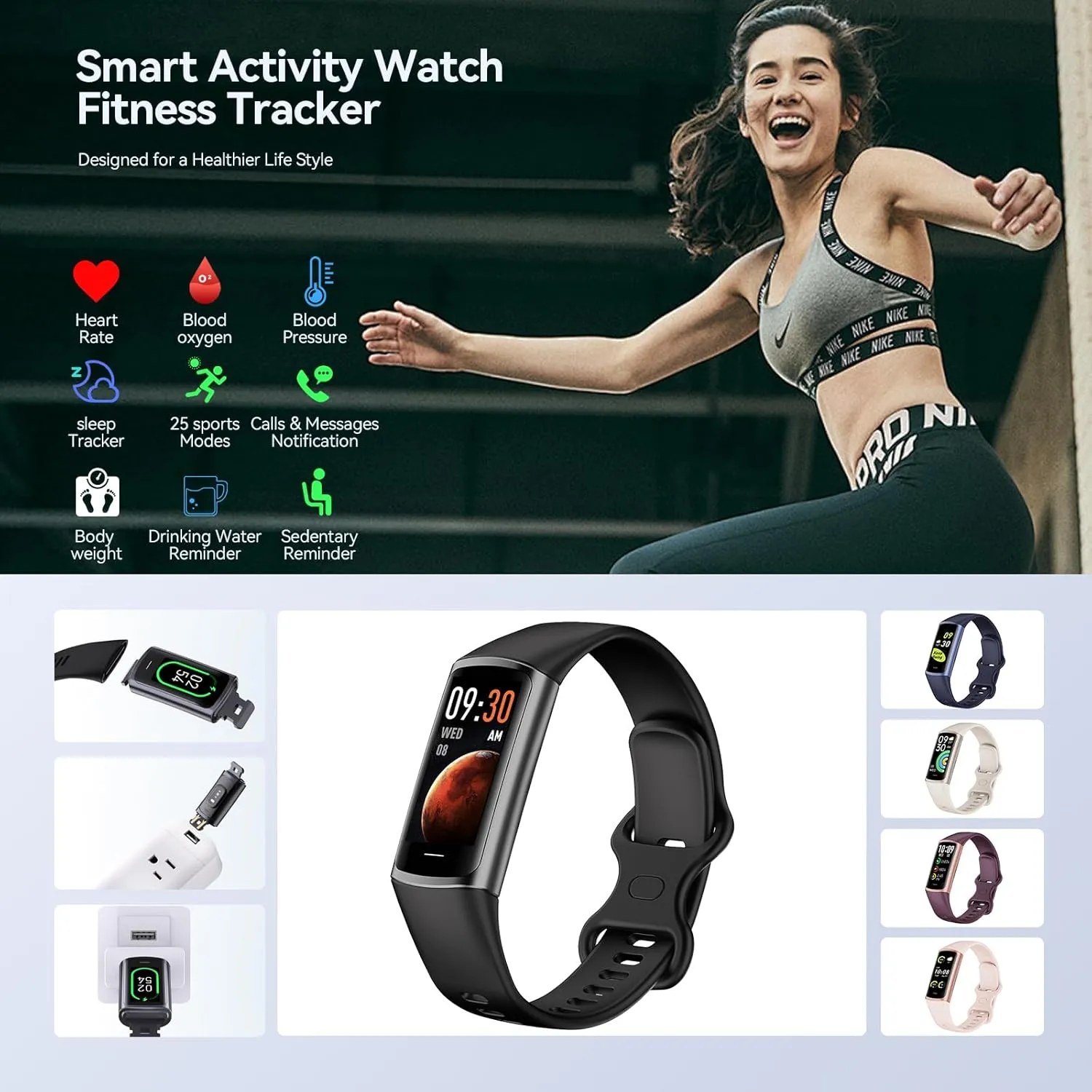 New Excelpeakia Fitness Tracker, 25 Sports Modes, Heart Rate/Blood Oxygen and Pressure Monitor Sleep Step Tracker/Calories Waterproof Smartwatch Smart Bracelet for Android and iOS Phone, Black
