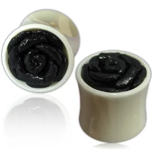 Organic Re-Constructed Bone Black Leather Rose Inlay Two-Tone Double Flared Saddle Ear Plugs, Pair