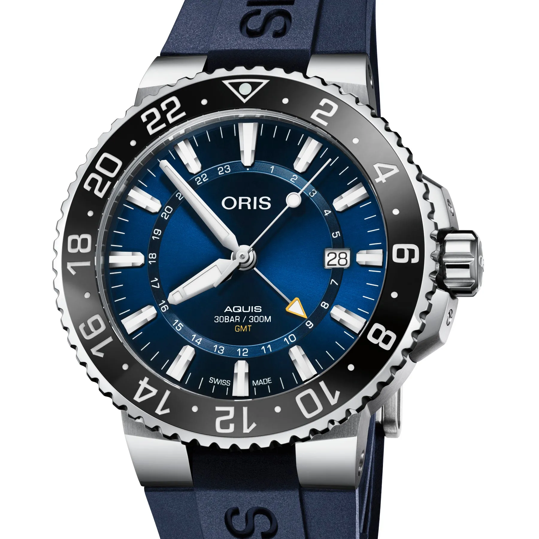 Oris Aquis GMT Date Automatic Watch with Blue Dial and Rubber Strap