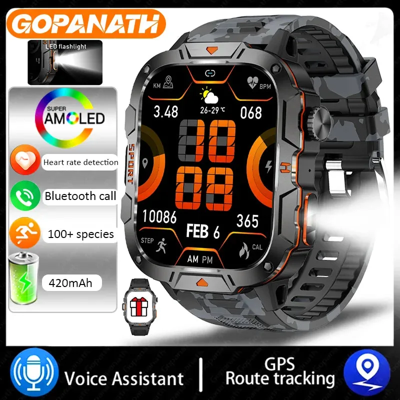 Outdoor Military IP68 Waterproof LED flashlight Smartwatch Men's 420mAh battery Sports Fitness Watch Bluetooth Talk Smartwatch