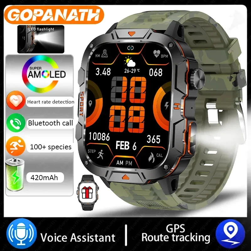 Outdoor Military IP68 Waterproof LED flashlight Smartwatch Men's 420mAh battery Sports Fitness Watch Bluetooth Talk Smartwatch