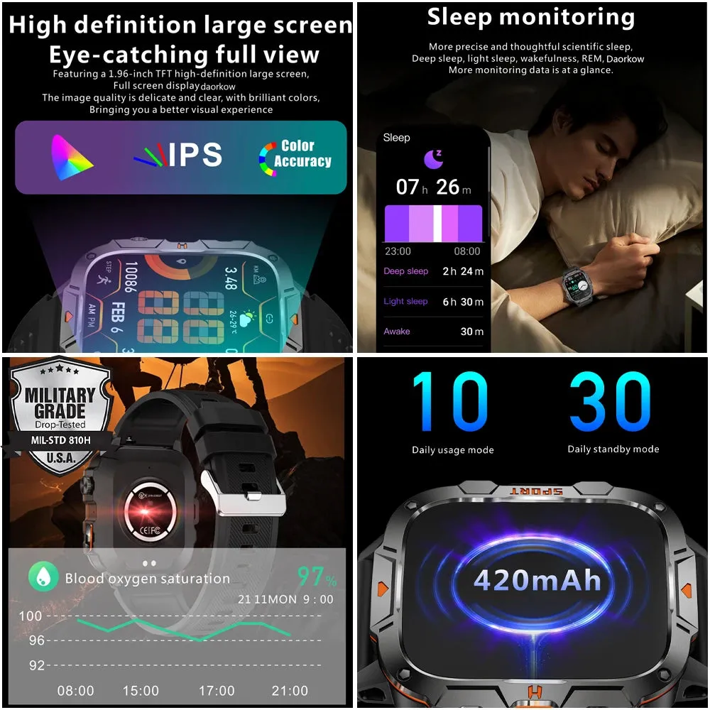 Outdoor Military IP68 Waterproof LED flashlight Smartwatch Men's 420mAh battery Sports Fitness Watch Bluetooth Talk Smartwatch