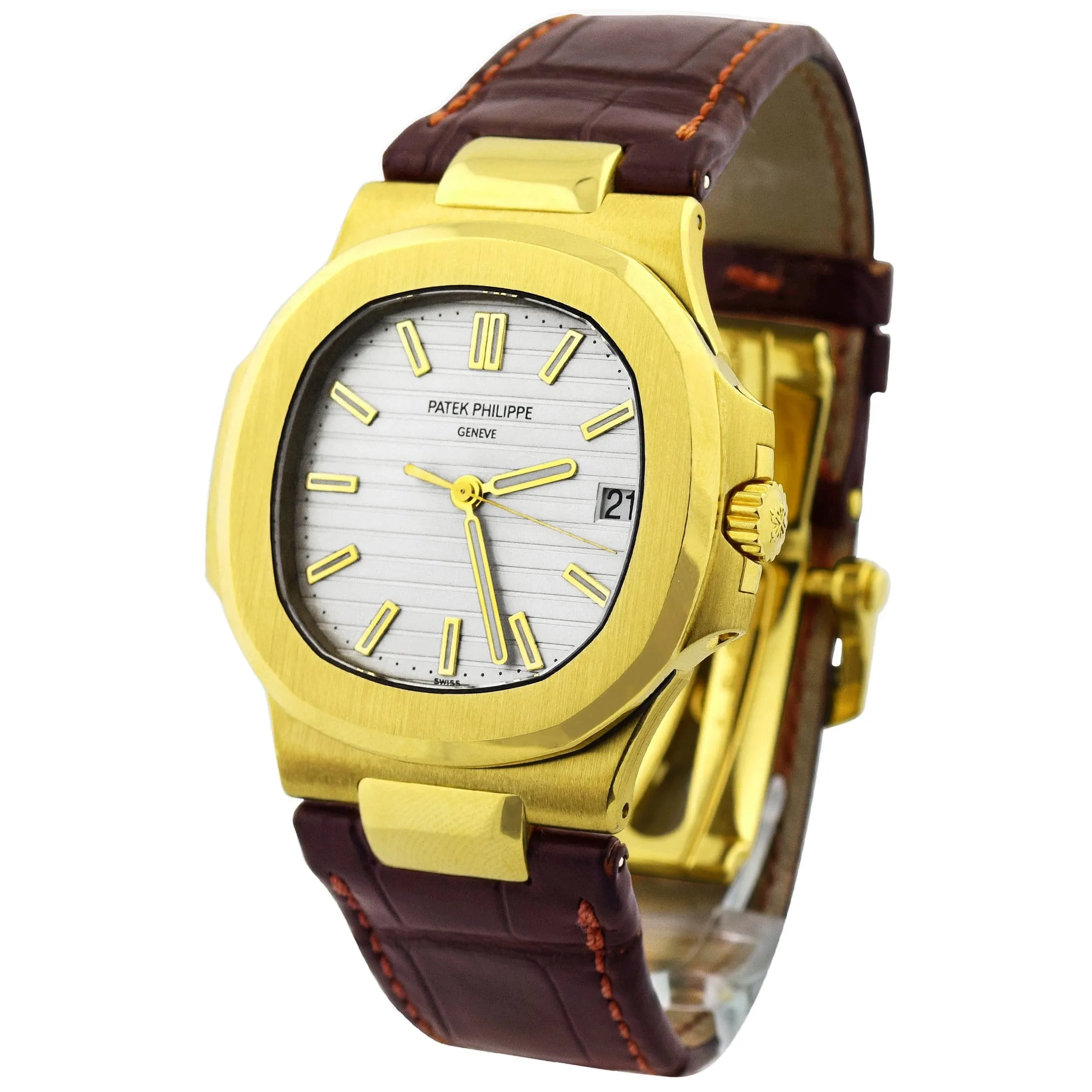 Patek Philippe Unisex Nautilus 18K Yellow Gold 40mm Silver Baton Dial Watch Reference #: 5711J