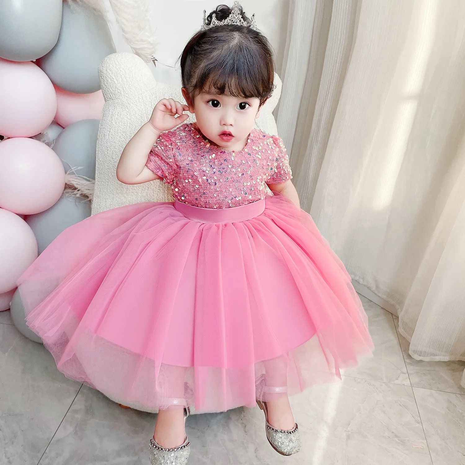Pink Princess Tulle Baby Girl Gown for Pageant and Party Occasions