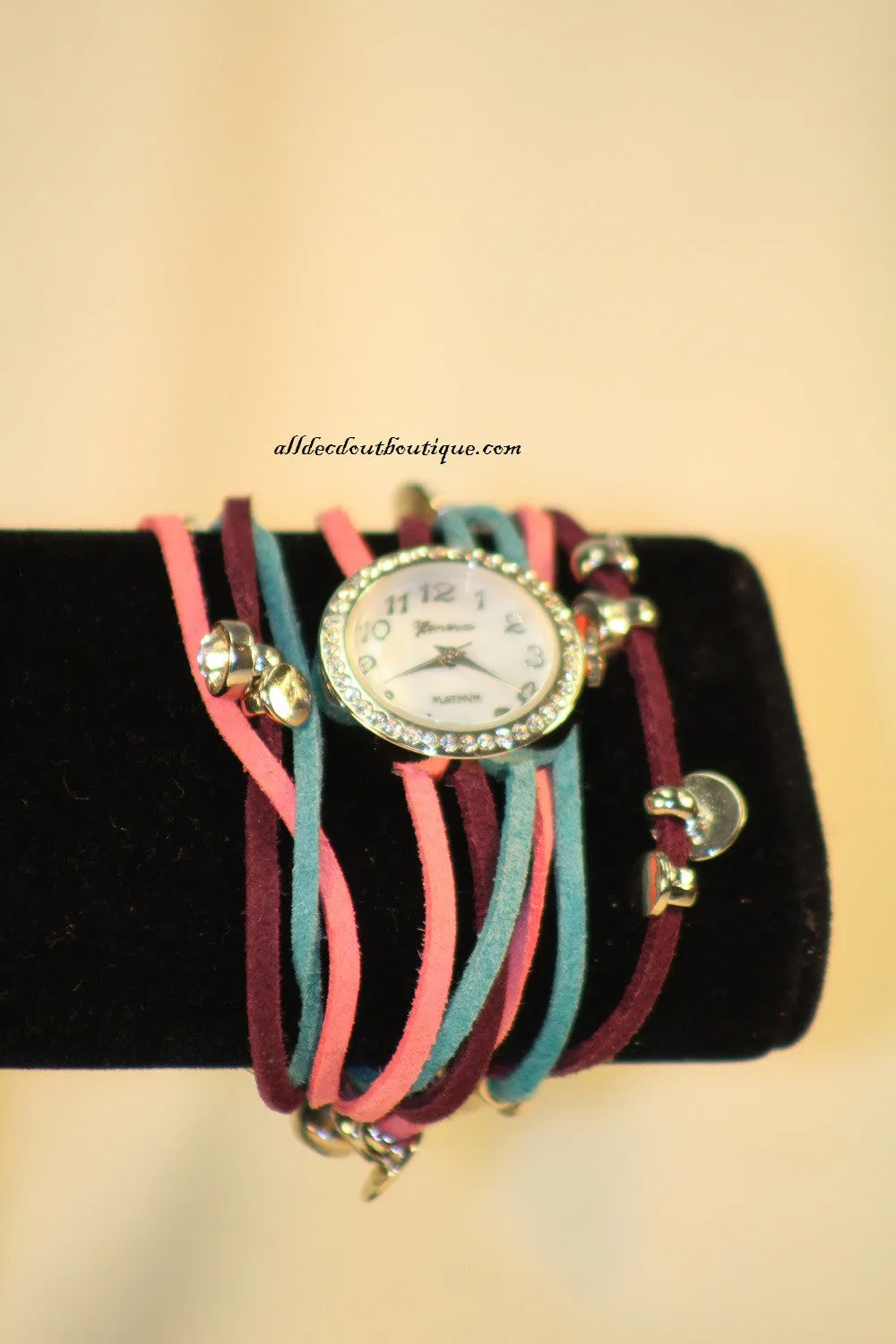Pink, Purple, Blue/White, Silver Studs and Clear Rhinestones Leather Band w/ Button Clasp