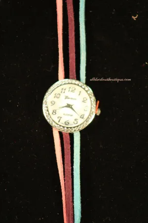 Pink, Purple, Blue/White, Silver Studs and Clear Rhinestones Leather Band w/ Button Clasp