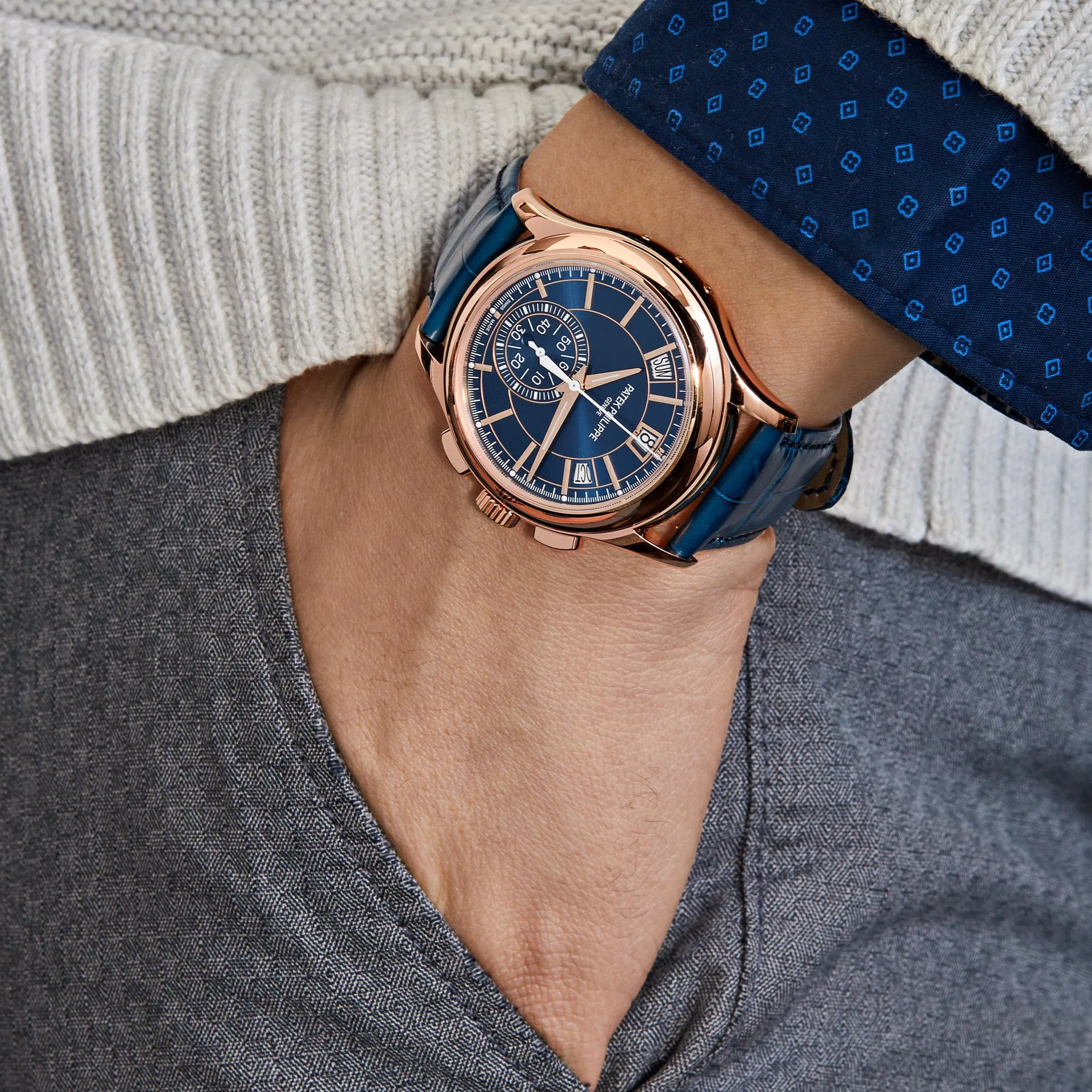 PP Luxury Watches Complications 5905R-010 Annual Calendar Flyback Chronograph Rose Gold Blue Dial (2025)