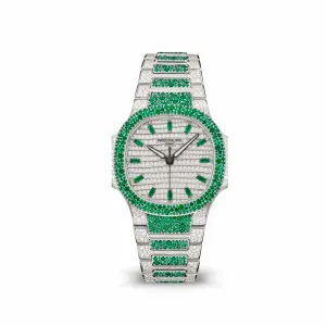 PP Luxury Watches Nautilus 7118/1453G 'Ladies Haute Joaillerie' White Gold Diamond Emerald Set
