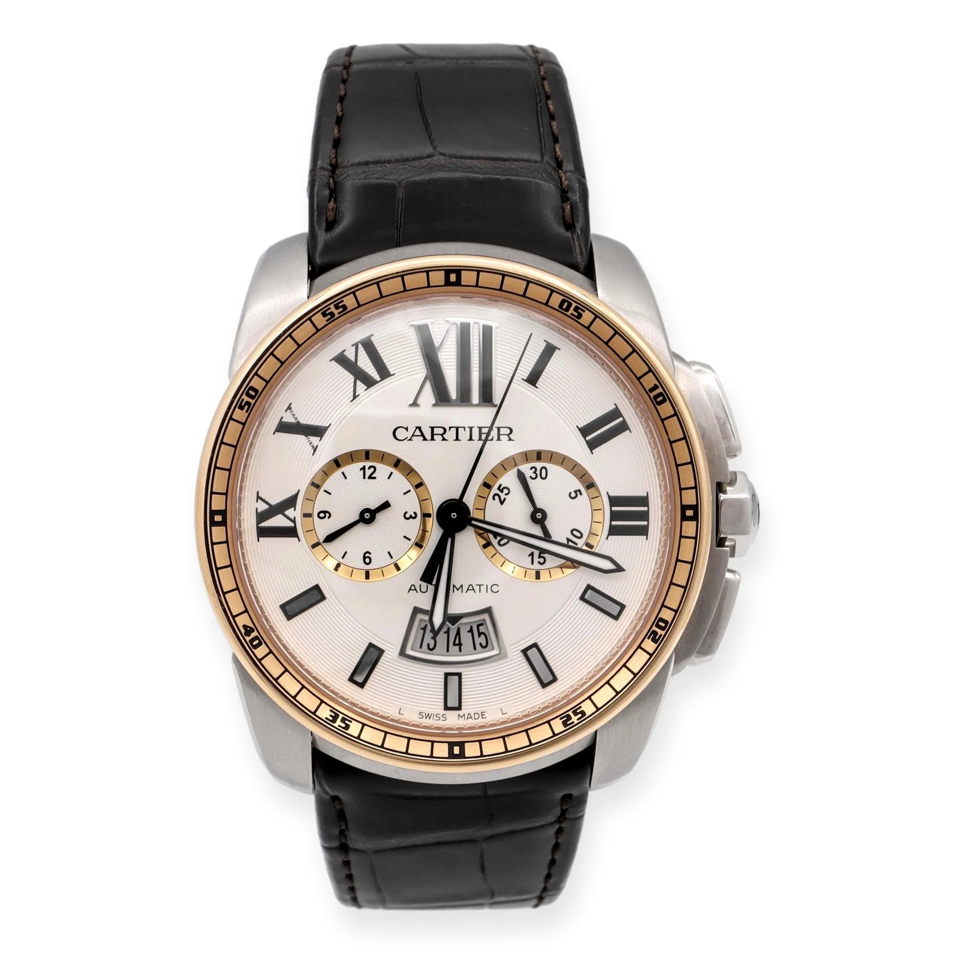 Pre-Owned Calibre de Cartier 18K Rose Gold SS Alligator Strap Watch W7100043