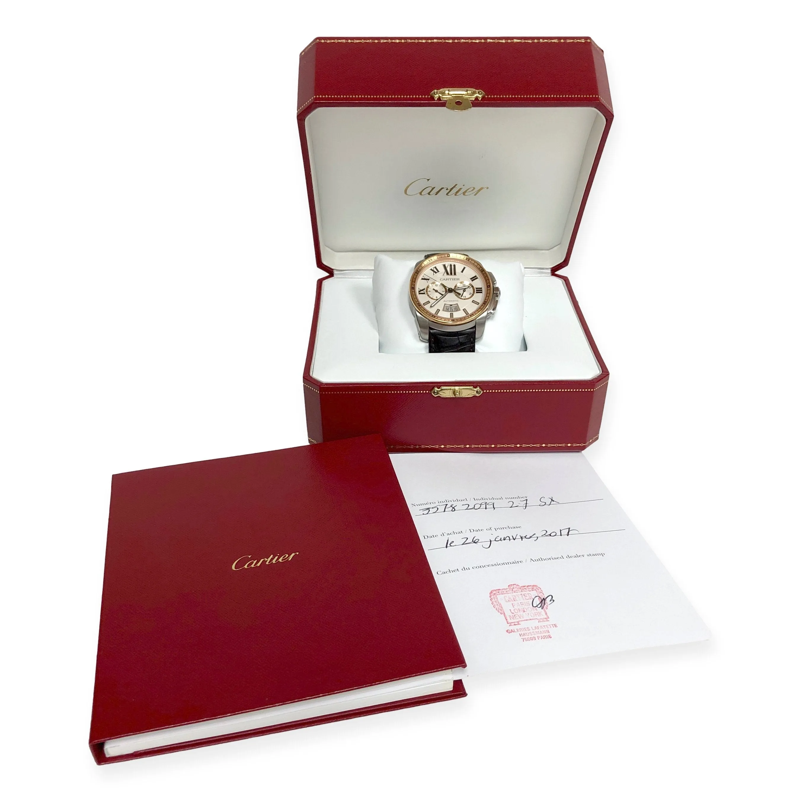 Pre-Owned Calibre de Cartier 18K Rose Gold SS Alligator Strap Watch W7100043