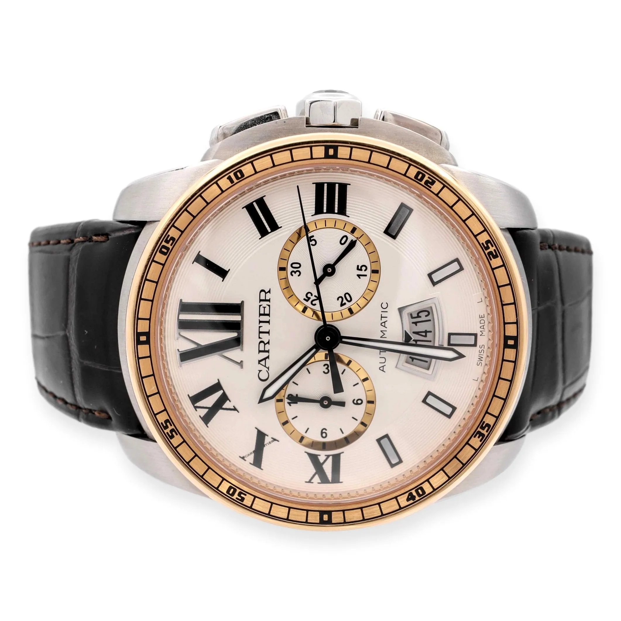 Pre-Owned Calibre de Cartier 18K Rose Gold SS Alligator Strap Watch W7100043