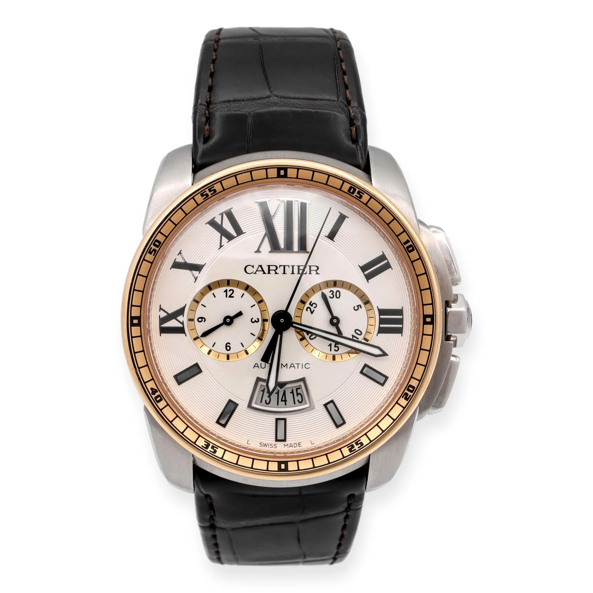 Pre-Owned Calibre de Cartier 18K Rose Gold SS Alligator Strap Watch W7100043