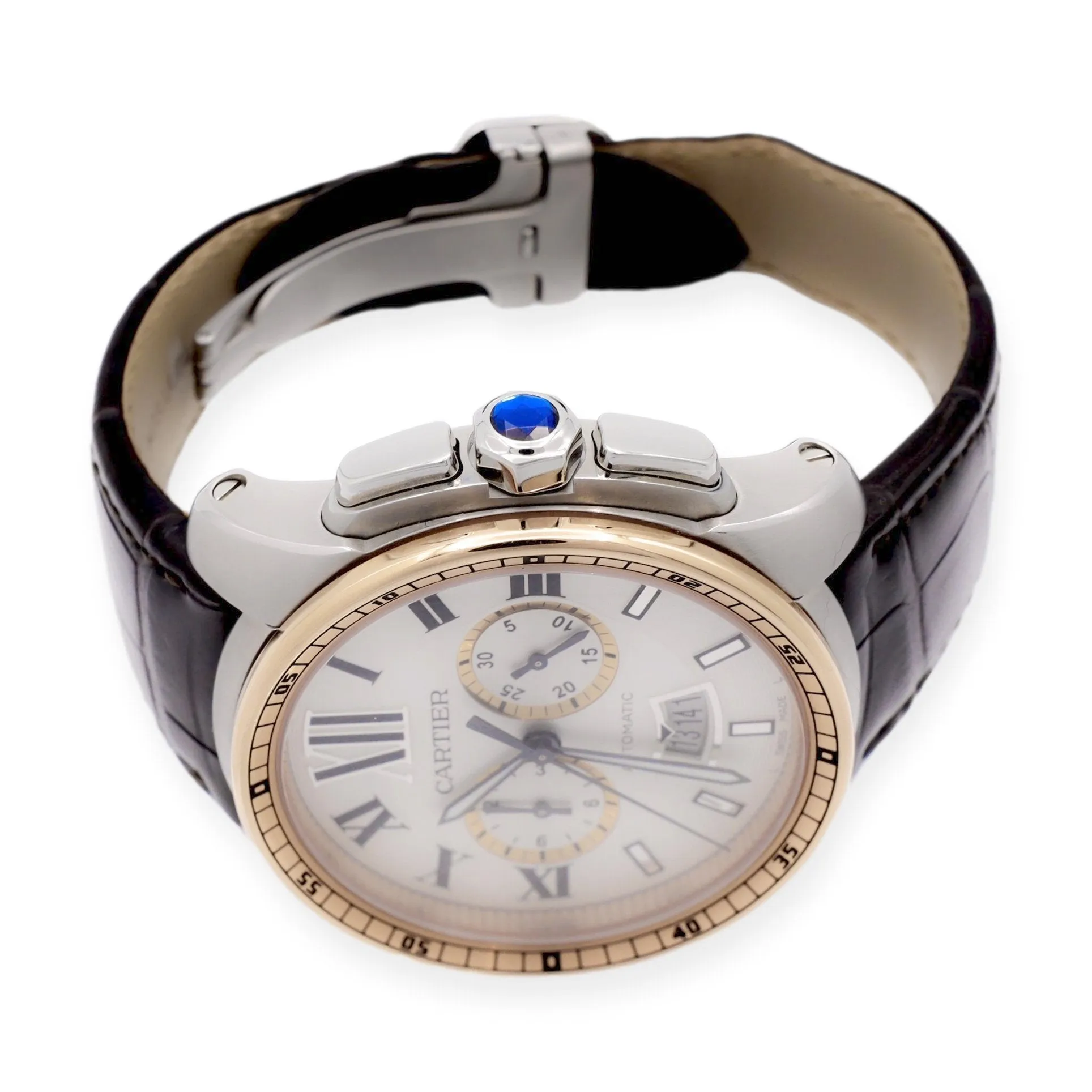 Pre-Owned Calibre de Cartier 18K Rose Gold SS Alligator Strap Watch W7100043
