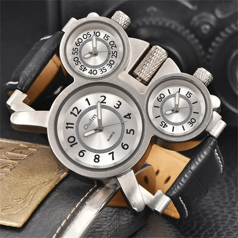Punk Style Men's Quartz Watches with Three Time Zone / Retro Unique Male Wristwatch