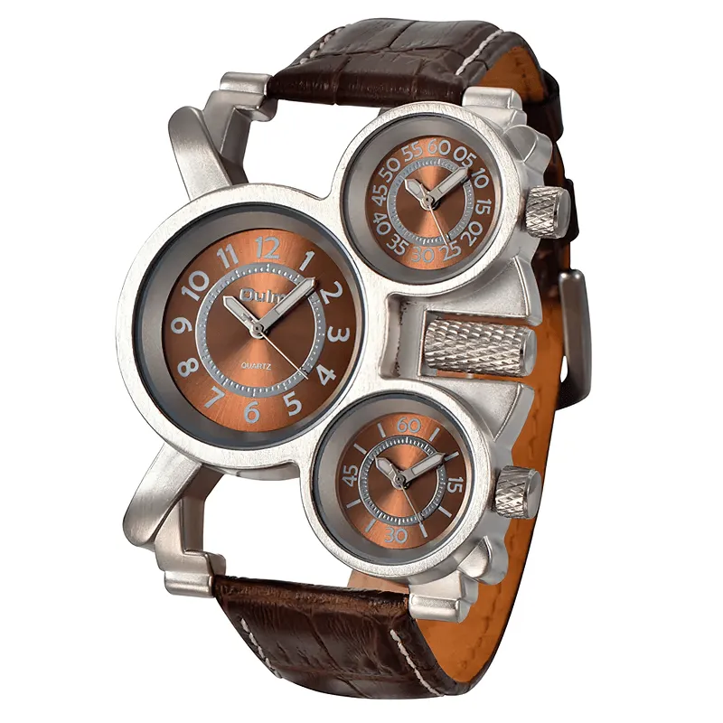 Punk Style Men's Quartz Watches with Three Time Zone / Retro Unique Male Wristwatch