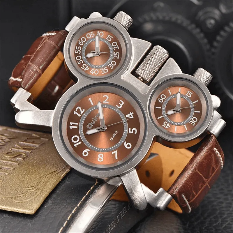 Punk Style Men's Quartz Watches with Three Time Zone / Retro Unique Male Wristwatch