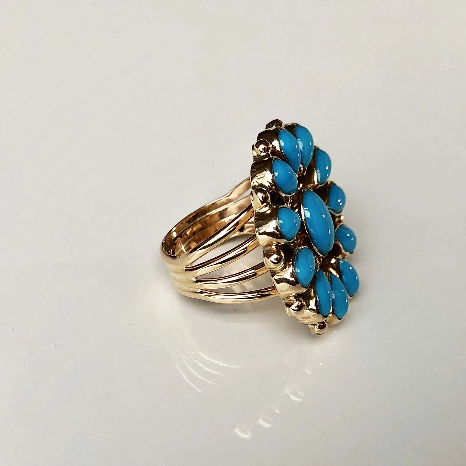 Robins Blue Firework 14K Gold Sleeping Beauty Ring Flower Cluster Signed Size 7