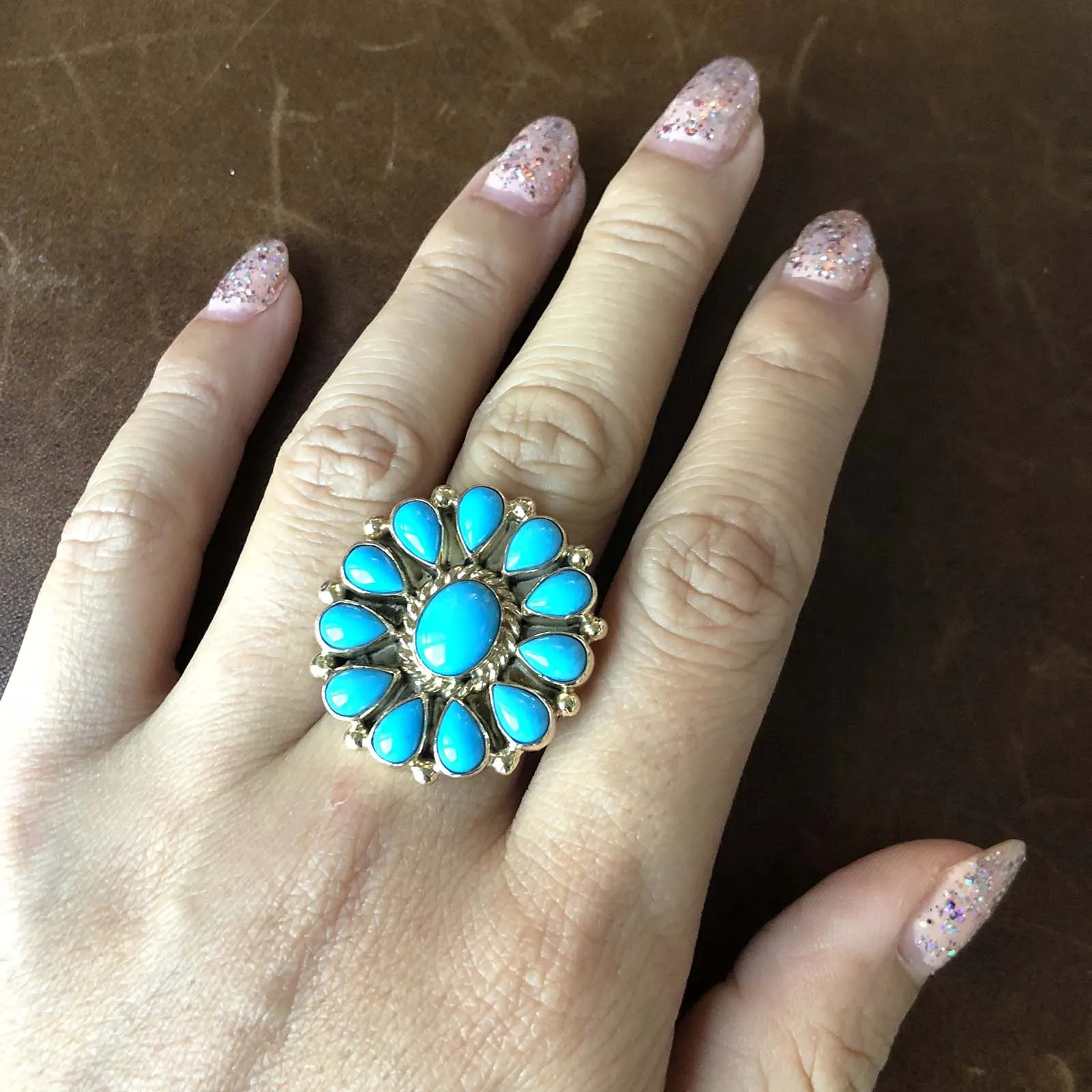 Robins Blue Firework 14K Gold Sleeping Beauty Ring Flower Cluster Signed Size 7