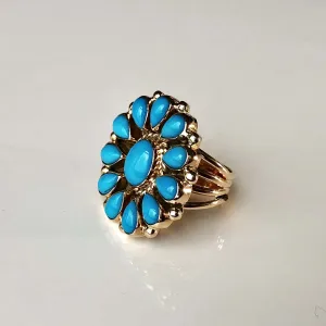 Robins Blue Firework 14K Gold Sleeping Beauty Ring Flower Cluster Signed Size 7