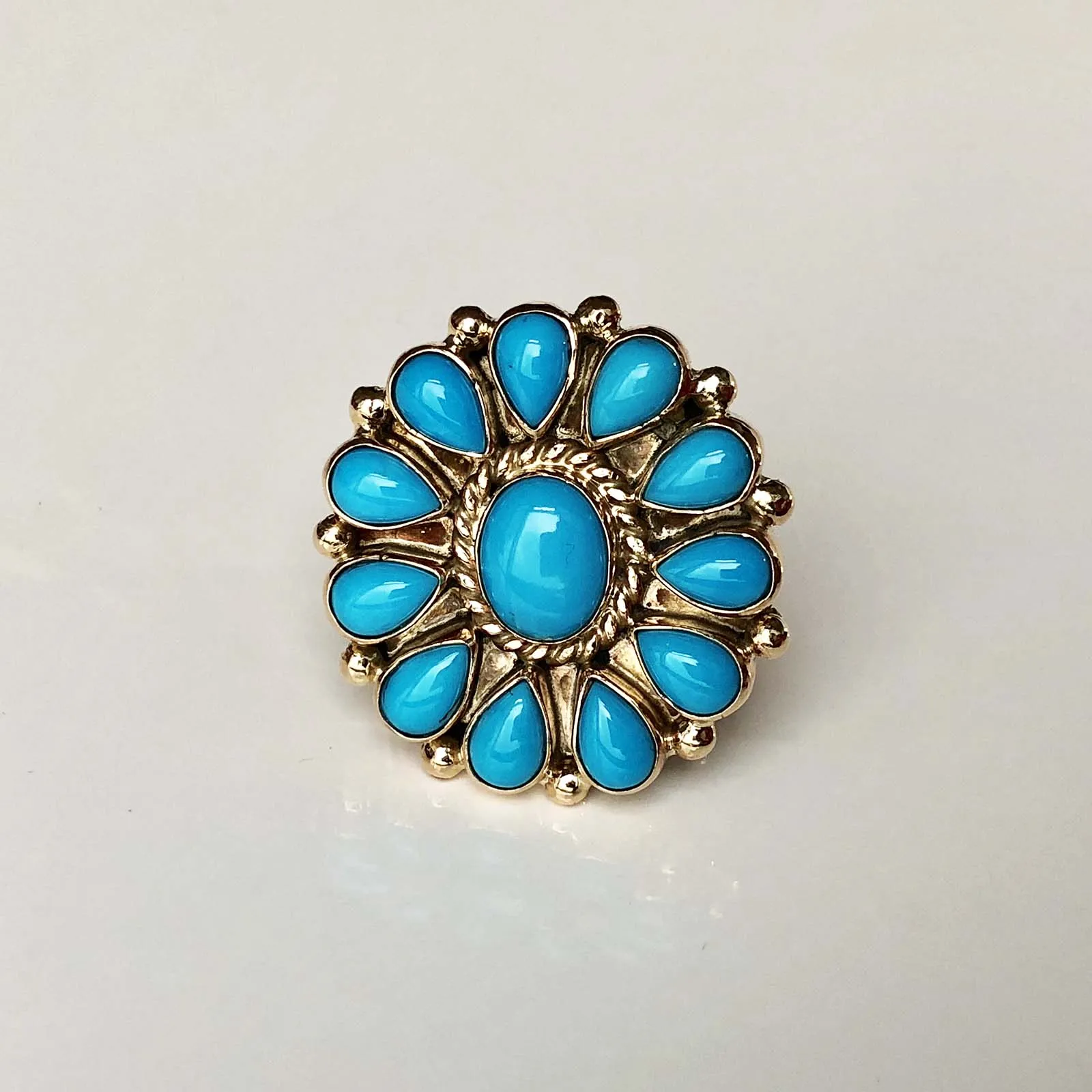 Robins Blue Firework 14K Gold Sleeping Beauty Ring Flower Cluster Signed Size 7