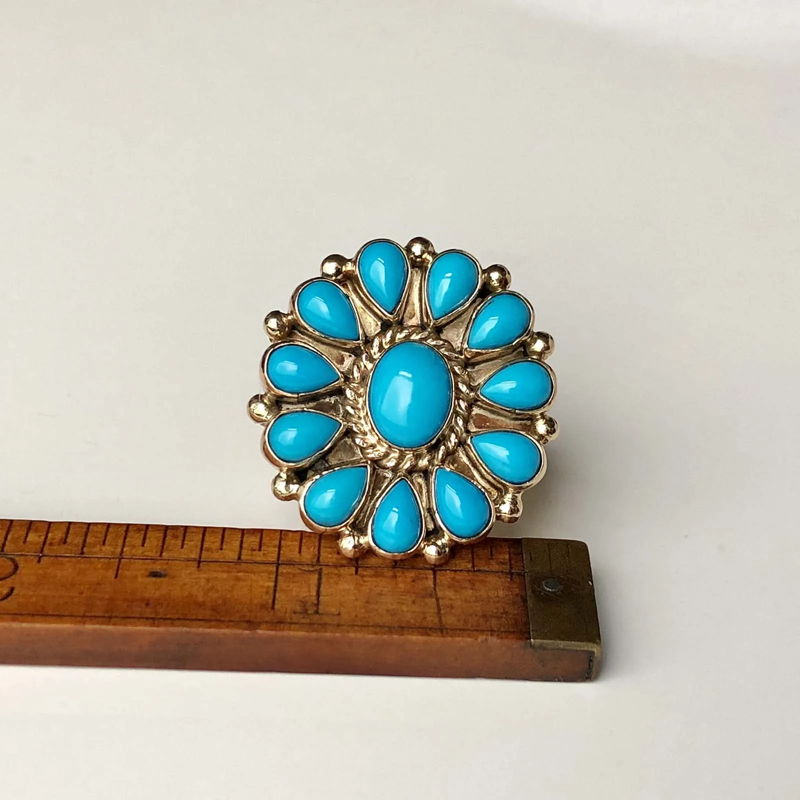 Robins Blue Firework 14K Gold Sleeping Beauty Ring Flower Cluster Signed Size 7