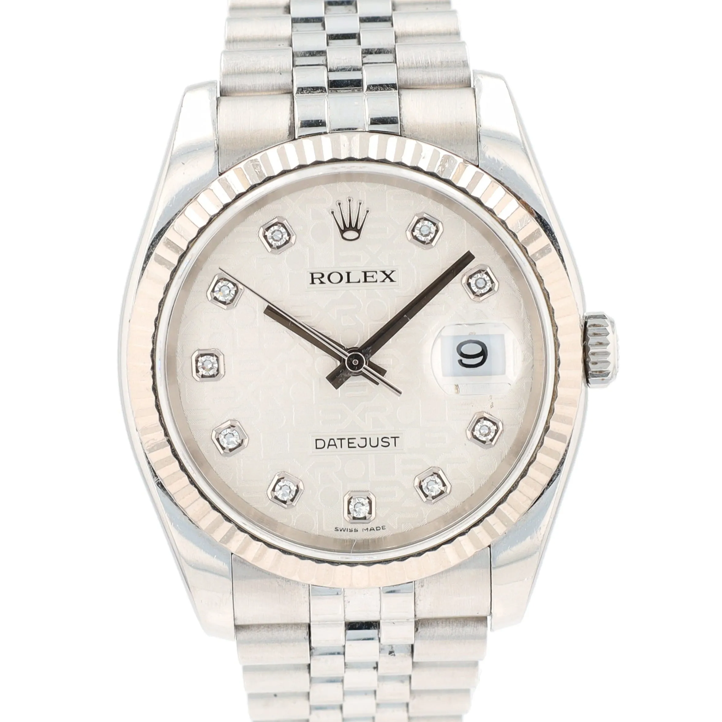 Rolex Datejust 116234 36mm Silver Jubilee Diamond (N.S) Dial Fluted Bezel Jubilee Band