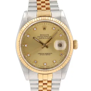 Rolex Datejust  16233 36mm Champagne Diamonds (O.S) Dial Fluted Bezel Jubilee Band