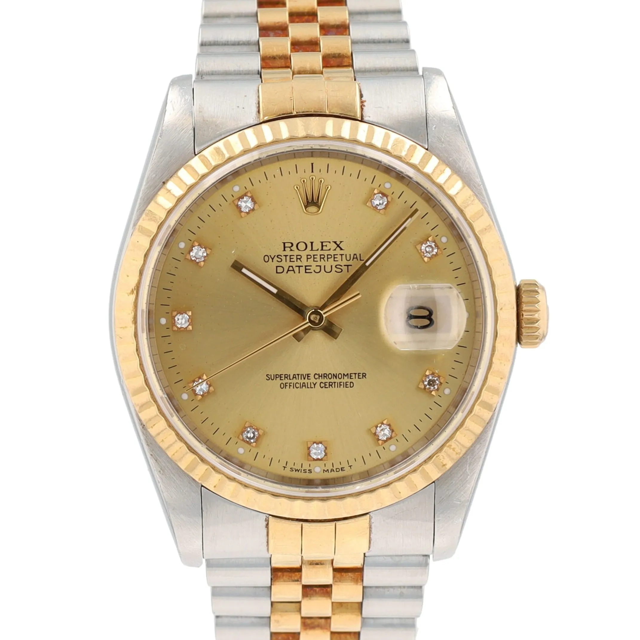 Rolex Datejust  16233 36mm Champagne Diamonds (O.S) Dial Fluted Bezel Jubilee Band