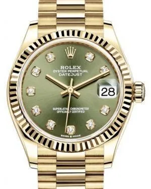 Rolex Datejust 31 Lady Midsize Yellow Gold Olive Green Diamond Dial & Fluted Bezel President Bracelet 278278